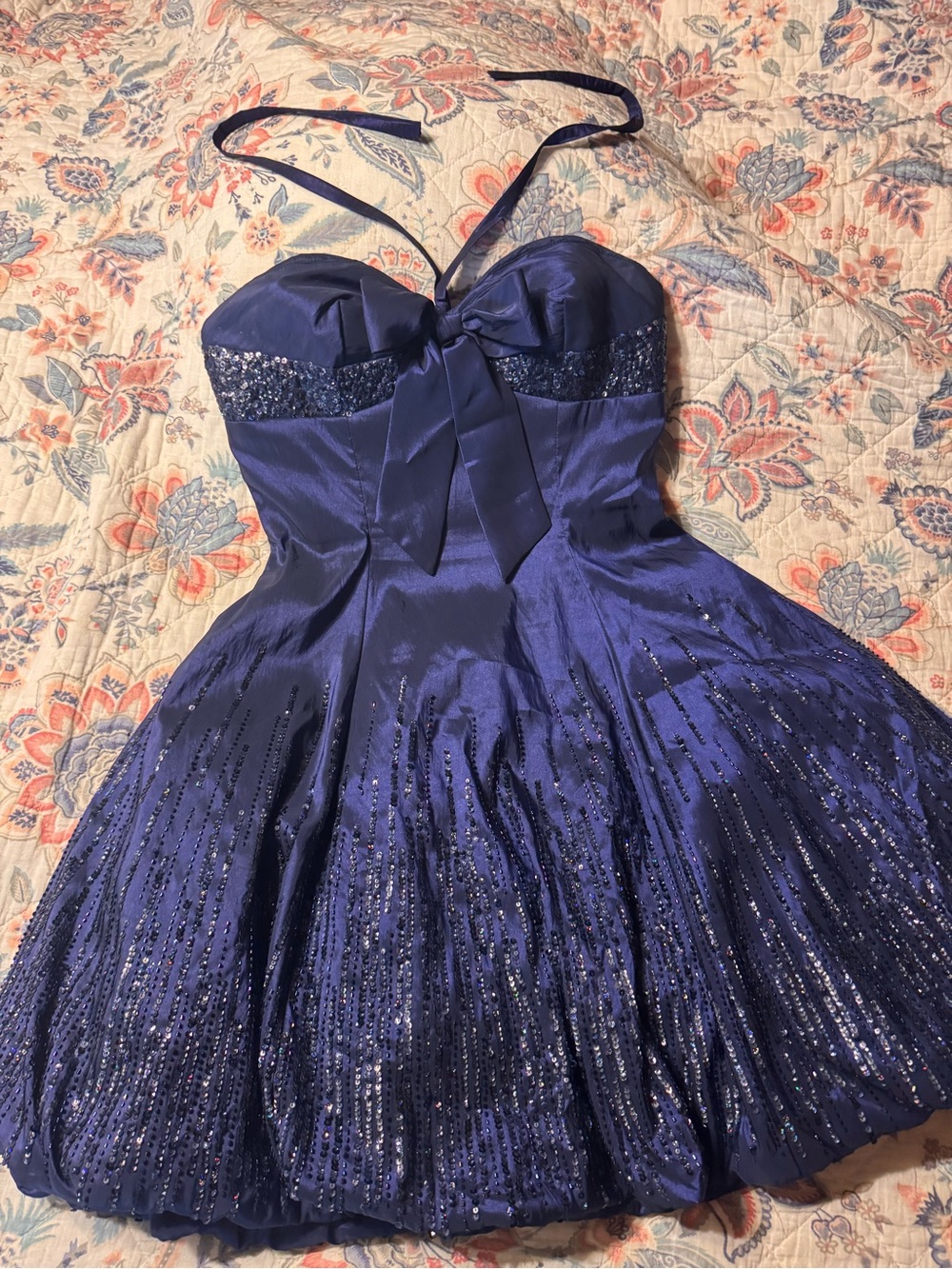 Sherri Hill Navy Sequin Halter Fit-and-Flare Cocktail Dress